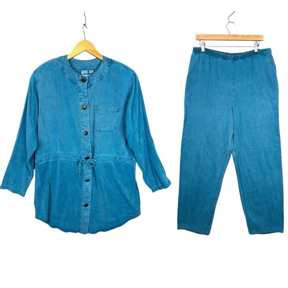 Vintage 90s Corduroy Set | Teal Blue Jacket + Pants Women’s M Boho Lagenlook - Picture 1 of 15